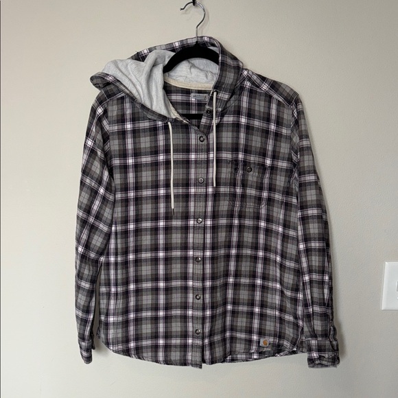 Carhartt Plaid Snap Button Up Hooded Sweatshirt Womens Med Grey Pink Long Sleeve - Picture 1 of 10